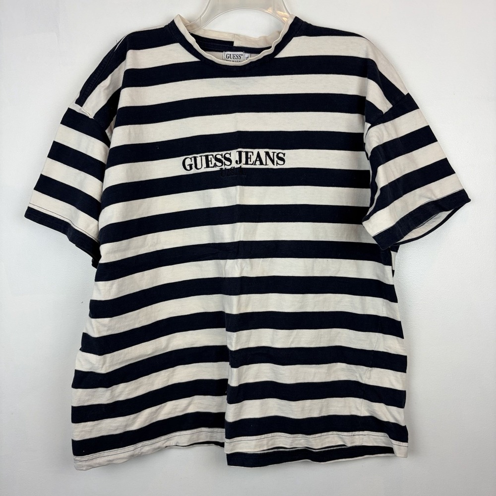 Vintage 90s Guess Jeans Striped T Shirt Mens XL Navy Made USA Retro Casual
